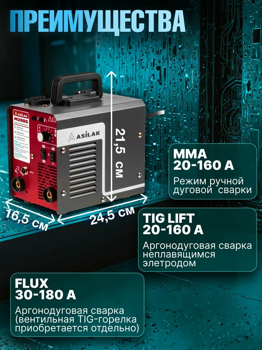 Сварочный аппарат полуавтомат ASILAK M2005 230В; 20-180 А; 80В; FLUX/MMA/TIG LIFT) (AS1570-6) — фото 1