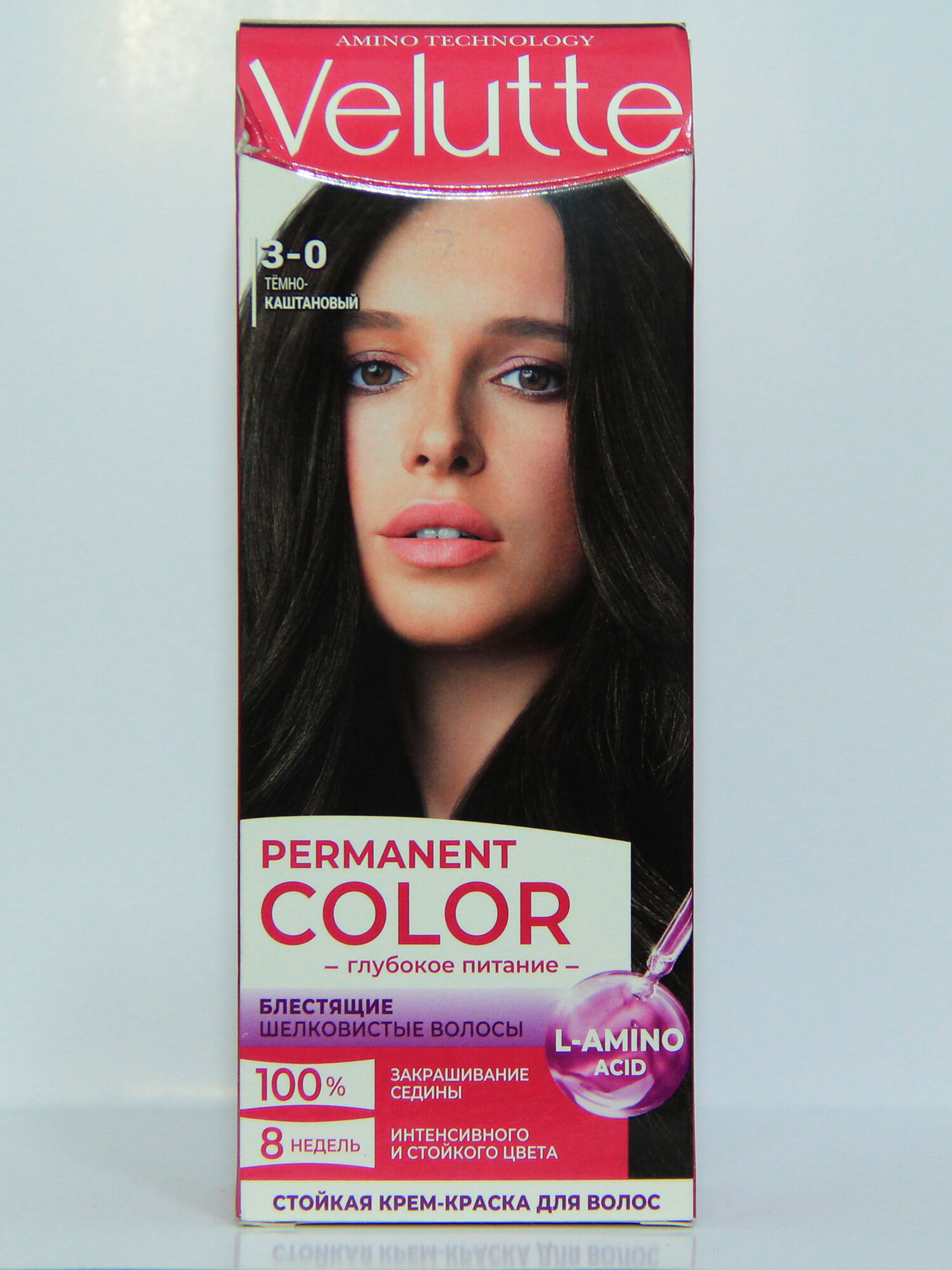Стойкий крем краска для волос "Velutte" блестящие шелковистые волосы 3-0 тёмно-каштановый