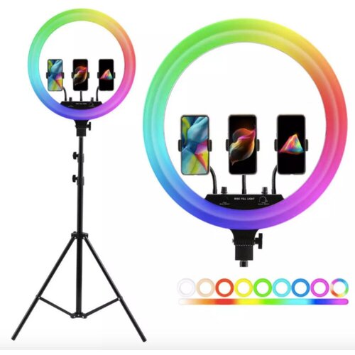 Кольцевая селфи-лампа 45 см RGB Яркая RL-18 с сенсорным управления 3 держателя и усиленным штативом 22 метра 450000₽