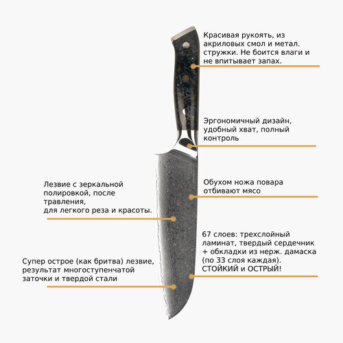Кухонный нож «Дамский Угодник» TuoTown F615011 (мини-шеф), рукоять - композит синий перламутр, клинок 13см (VG10-Damascus).