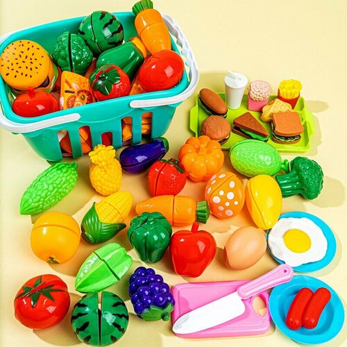 Игровой набор овощей и фруктов на липучках, корзинка, нож, доска, 40 предметов