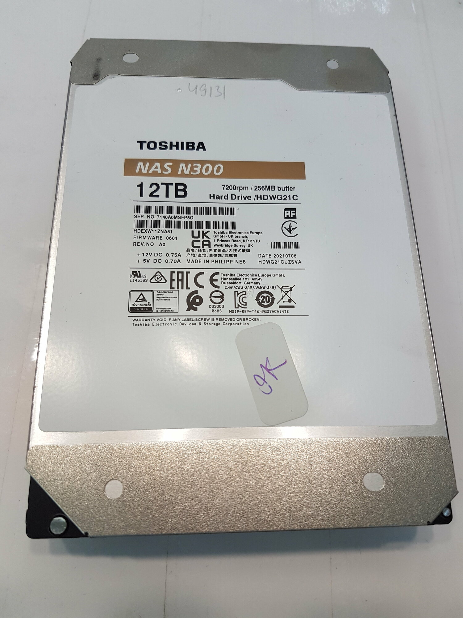 Жёсткий диск HDD 12 Tb SATA 6Gb/s Toshiba N300 HDWG21CEZSTA 3.5" 7200rpm 256Mb sn 7140A0MSFP8G