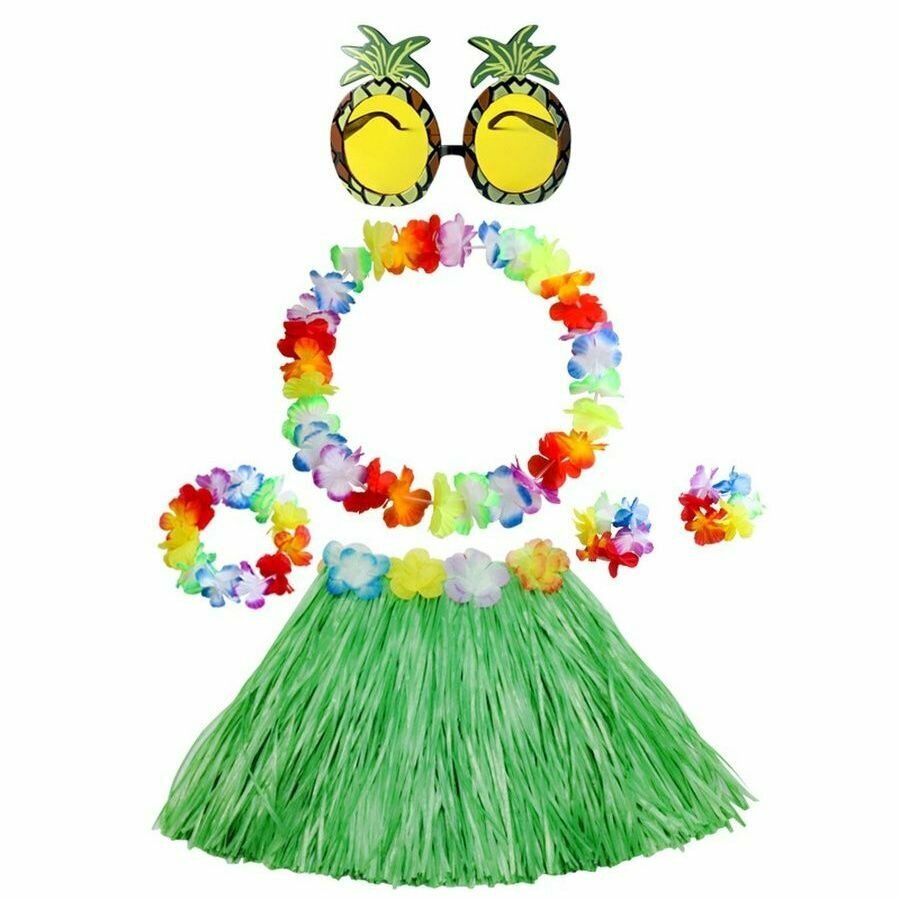 Гавайский набор Вайкики : гавайское ожерелье повязка на голову юбка (длина 60см) браслеты очки
