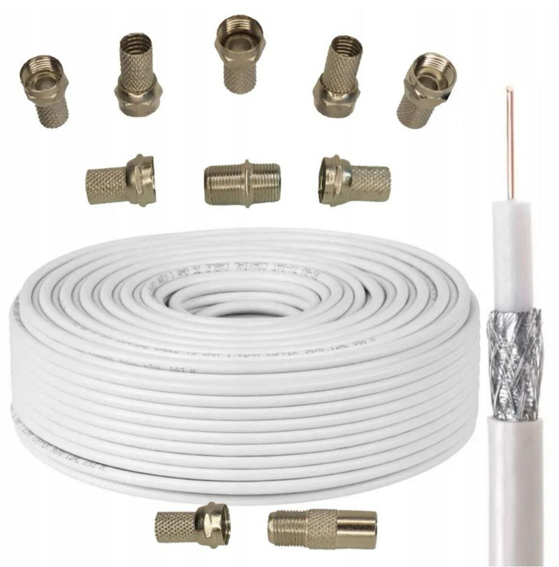 Антенный кабель телевизионный Коаксиальный RG-6U (75 Ом) + Набор антенный разъемов "Быстрое подключение антенны".