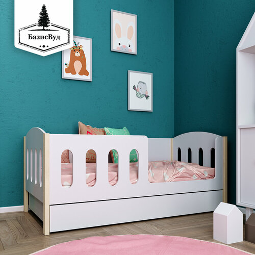 Кровать детская с бортиком 160х80, классик, БазисВуд, вход справа, с ящиком, ножки массив сосны, цвет натуральное дерево