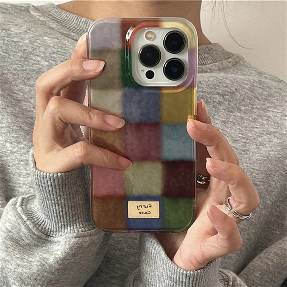 Ins Cute Dopamine Color Block Match Plaid Case для Samsung Galaxy S25 S24 S23 S22 S21 FE Ultra Plus 4G 5G Чехол с текстурой перьев YSK-253YS45101A1 Samsung S24 FE 5G