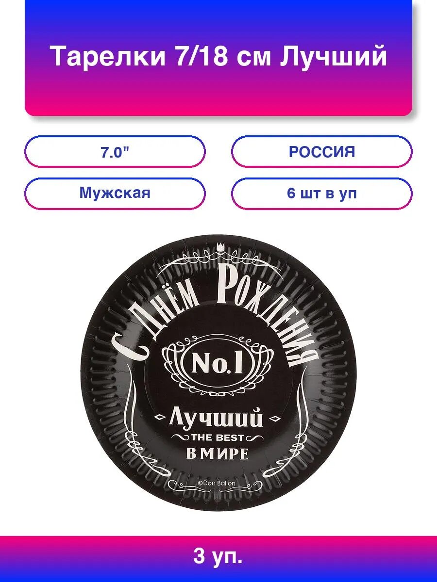 3упак. Тарелки (7'/18 см) Лучший В Мире, №1, Черный, 6 шт.