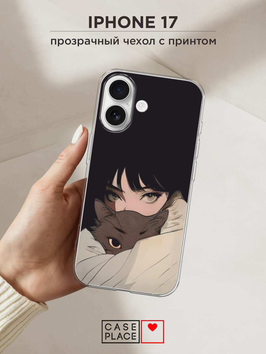 Чехол на Apple iPhone 17 / Айфон 17 с принтом Аниме девушка с котиком