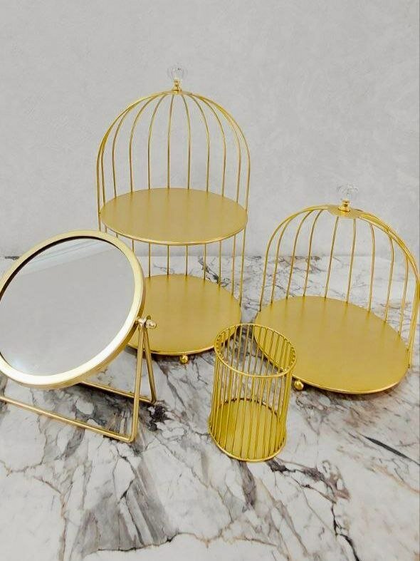 Набор органайзеров 4в1 золотистых, 1-ярусный и 2-ярусный, металлический, для косметики, парфюмерии, туалетный столик,23