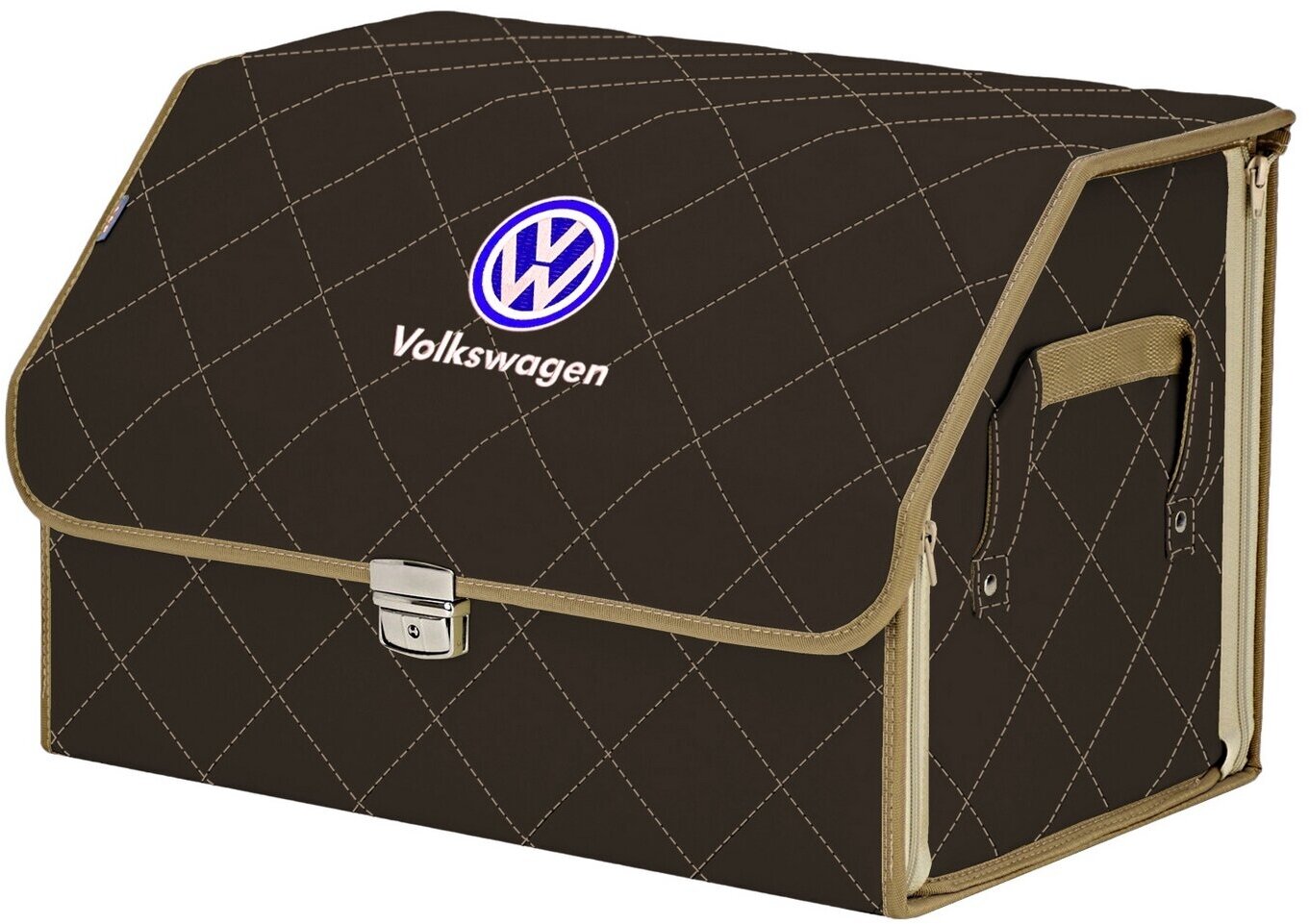 Органайзер-саквояж в багажник "Союз Премиум" (размер L). Цвет: коричневый с бежевой прострочкой Ромб и вышивкой Volkswagen (Фольксваген).