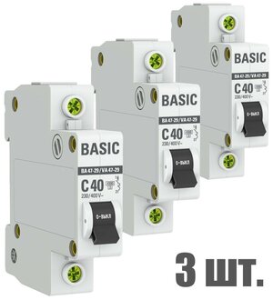 Автоматический выключатель EKF 1P 40А (C) 4,5kA ВА 47-29 EKF Basic 3 штуки