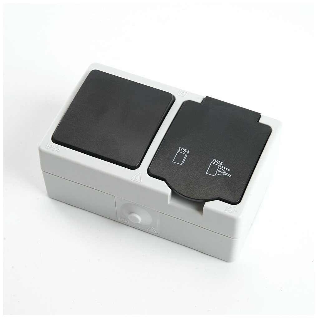 Блок: розетка 1-местная с/з + выключатель 1-клавишный, PST16-11-54/10-111-54, серый/графит - фотография № 4