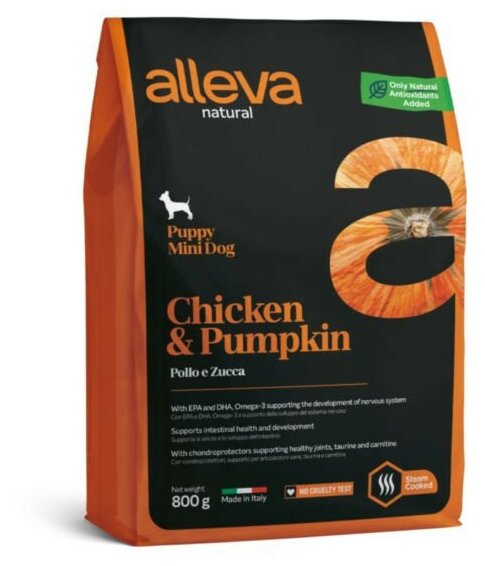 Alleva Natural Puppy Chicken & Pumpkin Mini сухой корм для щенков с курицей и тыквой - 800 г