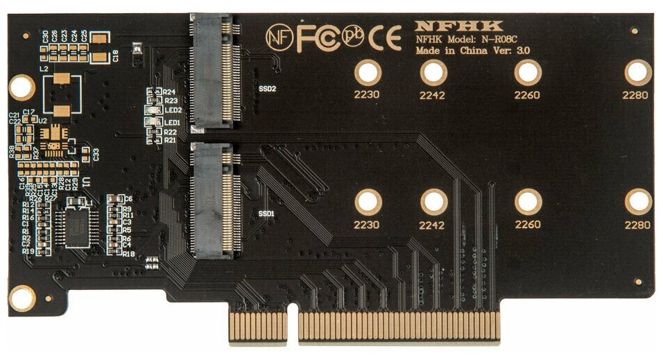 Адаптер-переходник / плата расширения для установки 2 накопителей SSD M.2 PCI-E NVMe (M key) в слот PCI-E 3.0 x8/x16 / NHFK N-R08C