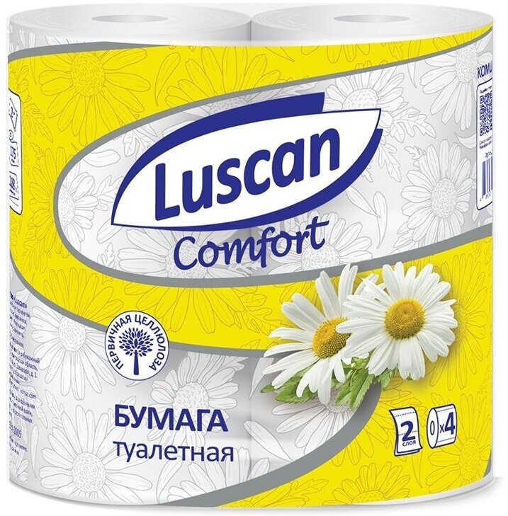 Бумага туалетная Luscan Comfort, 2 слоя, белая, Ромашка, 100% целлюлоза, 21,9 м, 4 шт