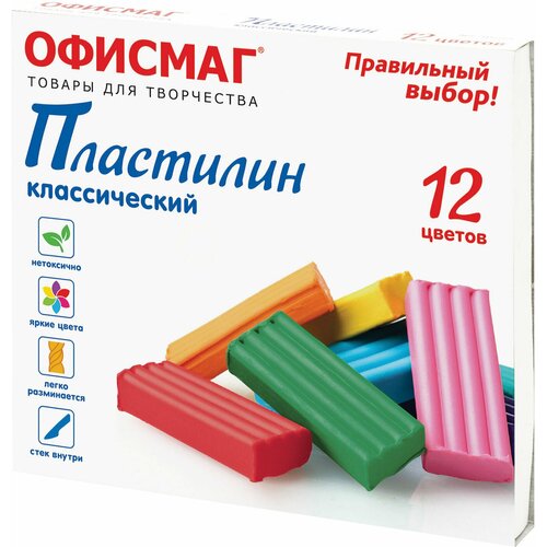 Пластилин классический офисмаг, 12 цветов, 240 г, со стеком, 106677