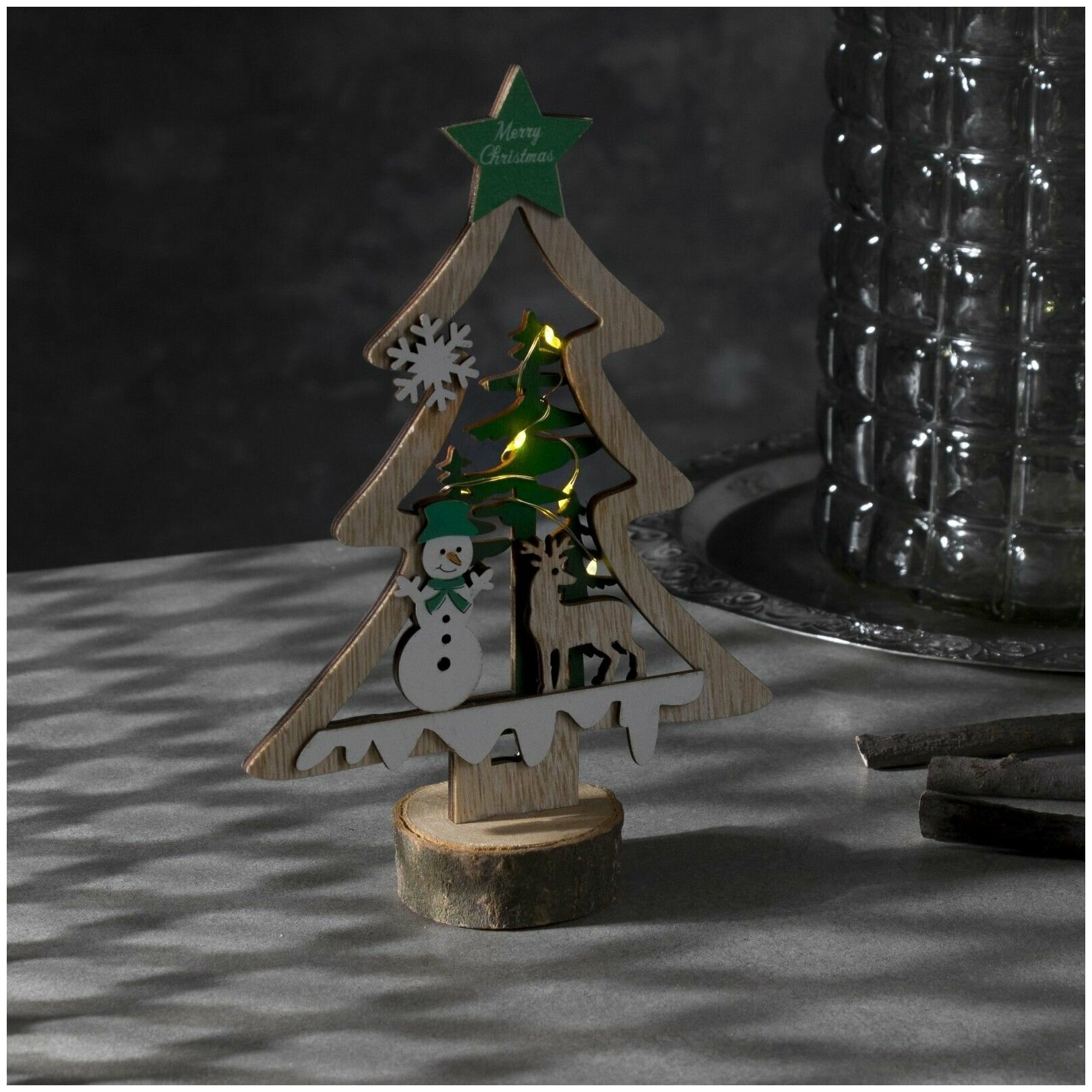 Светодиодная фигура «Ёлка со снеговиком» 13 × 20 × 5 см, дерево, батарейки CR2032х1, свечение тёплое белое