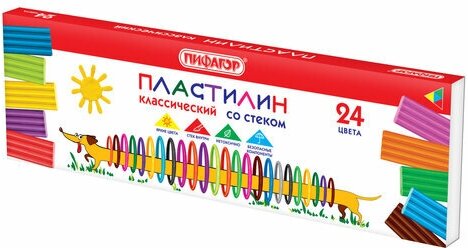 Пластилин классический пифагор "Веселая такса", 24 цвета, 360 г, со стеком, 106676