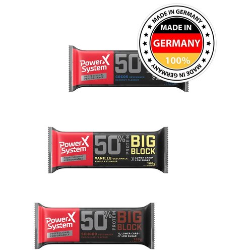 фото Протеиновый батончик с 50г белка / power system big block protein bar, ассорти 3х100г (ваниль, кокос, шоколад) / 50% белка с коллагеном для похудения и набора мышечной массы женщин и мужчин