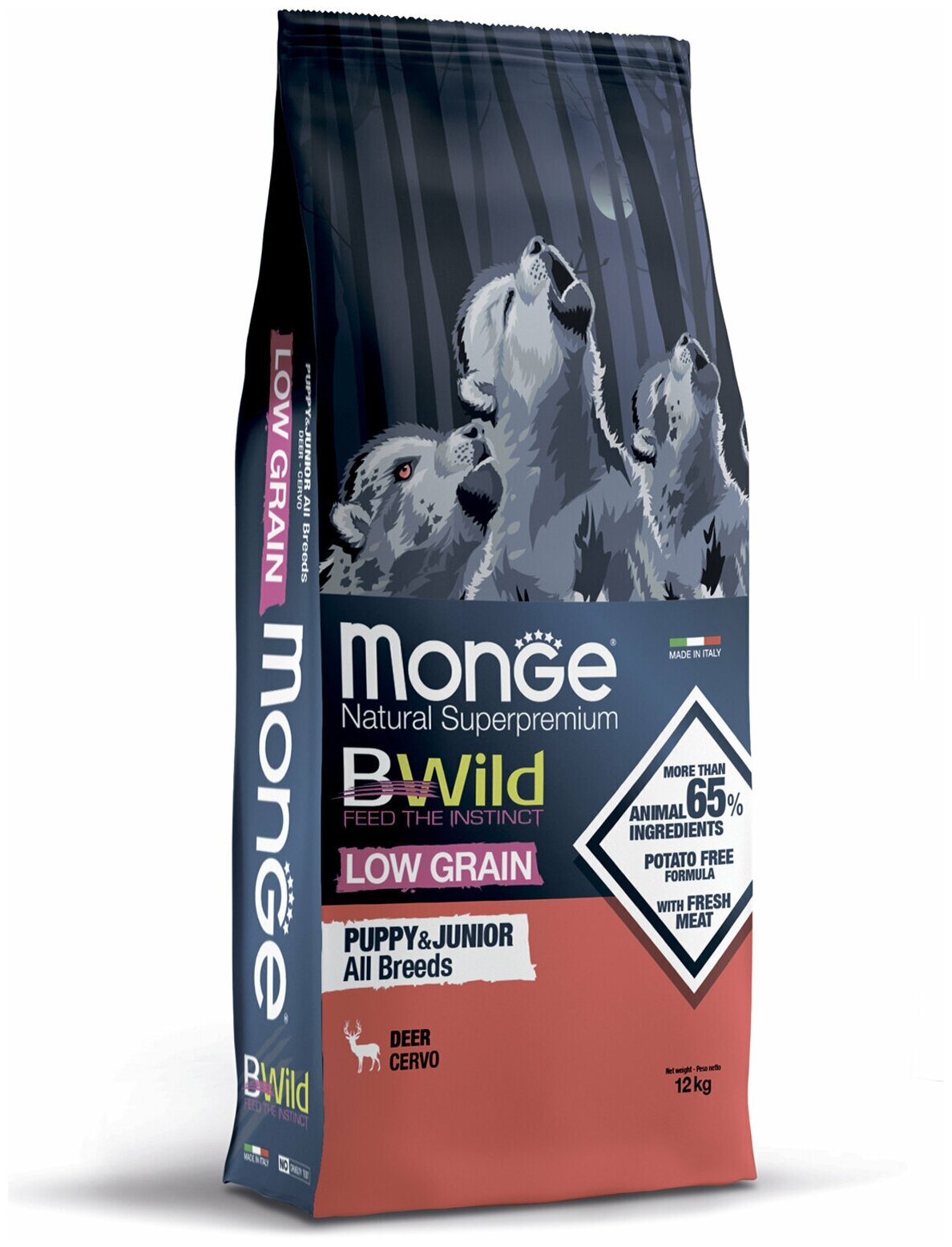 Monge Dog BWild Low Grain Puppy & junior низкозерновой корм из мяса оленя для щенков всех пород 12 кг