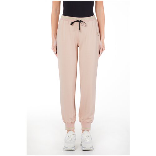 фото Брюки джоггеры liu jo, полуприлегающий силуэт, спортивный стиль, карманы, манжеты, пояс на резинке, размер l, бежевый
