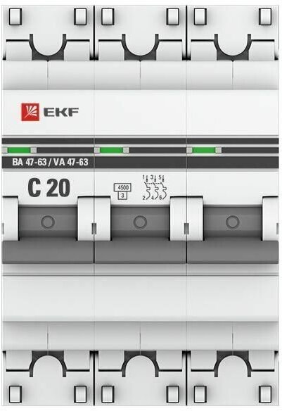 PROxima ВА 47-63 mcb4763-3-20C-pro Автоматический выключатель трехполюсный 20А (4.5 кА, C) EKF - фото №3