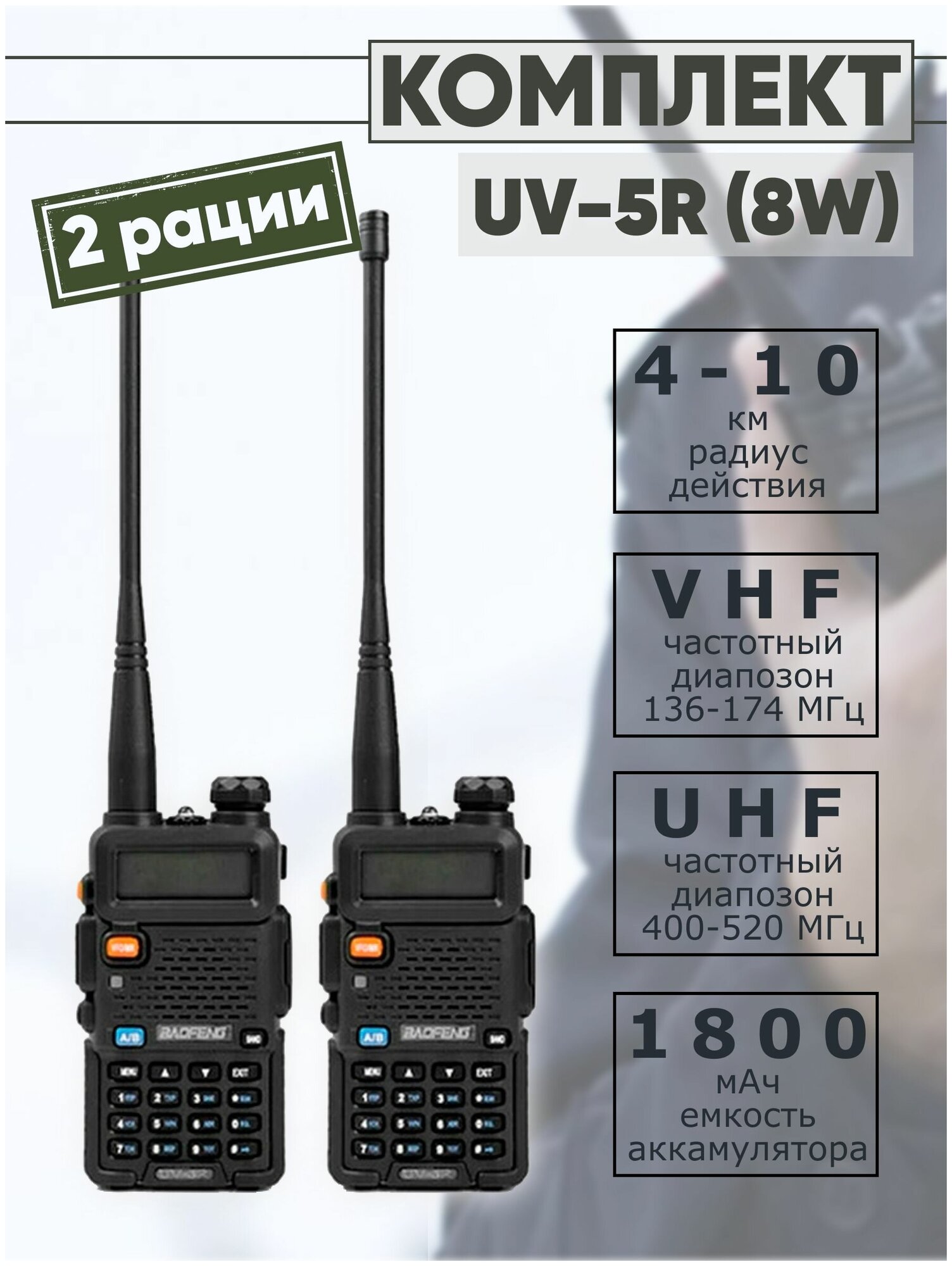 Комплект рации (радиостанций) Baofeng UV-5R 8W три режима мощности (2 Pack)