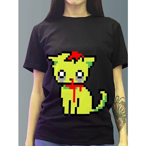 фото Футболка женская черная из хлопка с dtf рисунком пиксель арт - 3706 будь на стиле