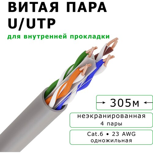 Кабель витая пара для локальной сети Gekar-lan U/UTP CU Cat6 PVC 4х2х0,57 для прокладки в помещениях, 4 пары, Cat.6, 23 AWG, indoor, 305 м