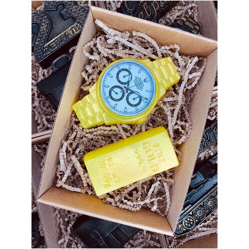 Мыло ручной работы - косметическое. Набор слиток золота и часы. Подарок на 23 февраля. Подарок на день рождения.Подарок для мужчин,коллег,друга,брата.