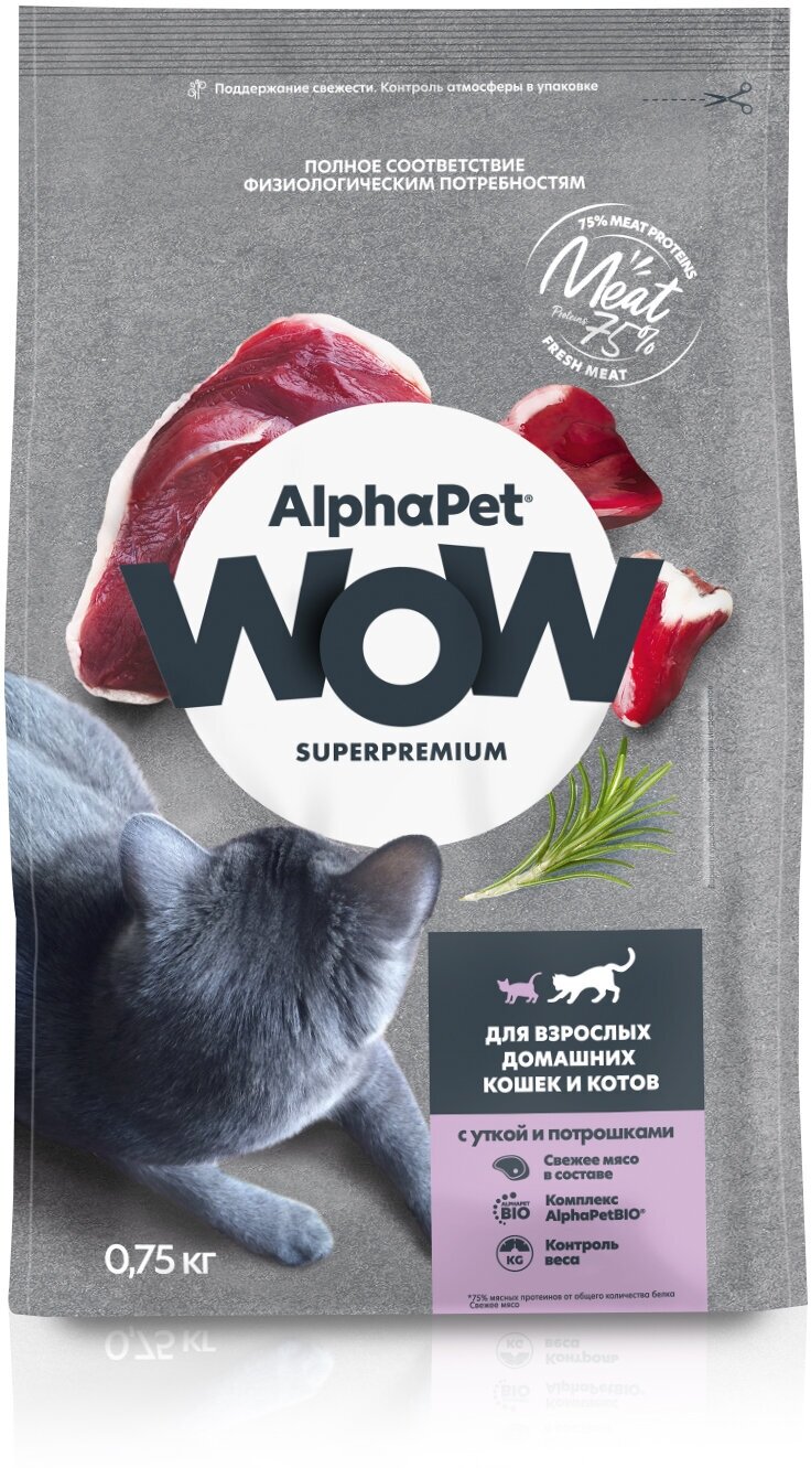 ALPHAPET WOW SUPERPREMIUM Сухой корм для взрослых домашних кошек с Уткой и Потрошками