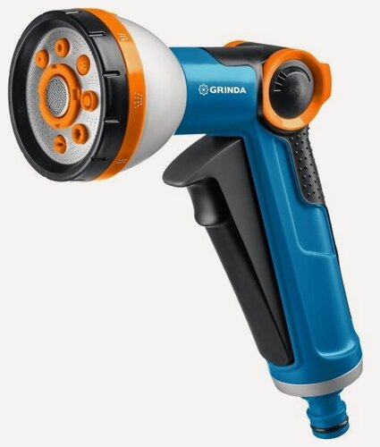 Изображение товара Пистолет-распылитель Grinda поливочный PROLine X-8 с регулятором напора, 8 режимов, курок спереди, двухкомпонентный