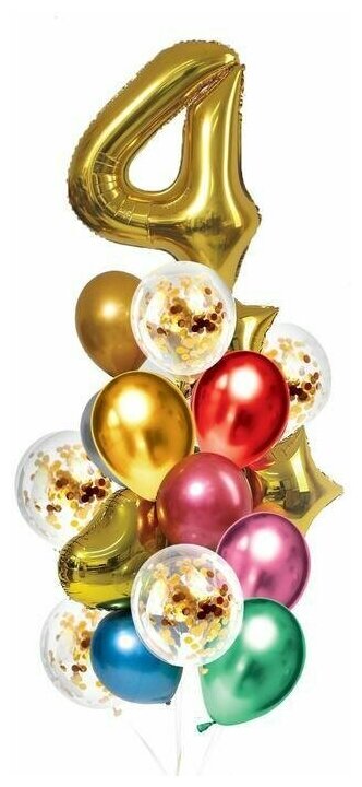 Букет из шаров Страна Карнавалия "День рождения 4 года", фольга, латекс, набор 21 шт, цвет золотой