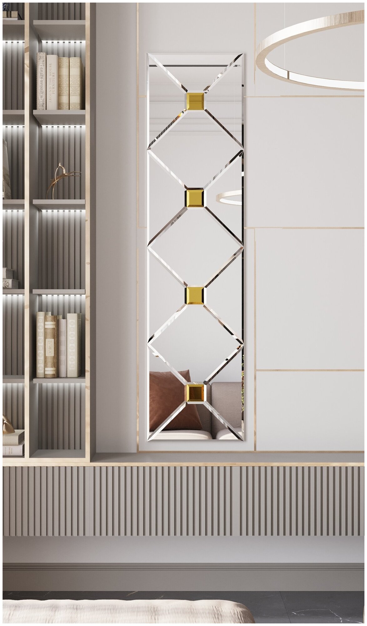 фото Зеркальная плитка ДСТ, панно на стену Арнебург 42.4х169.9 см, квадрат 30х30 см, цвет серебро — золото.