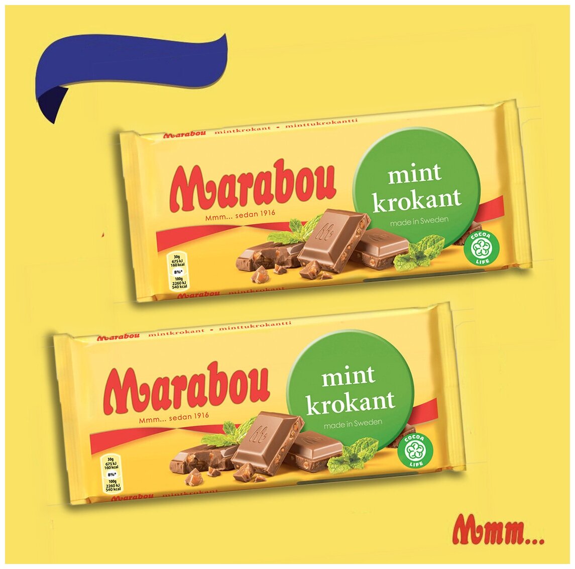 Шведский плиточный молочный шоколад с хрустящей мятой (Marabou Марабу, Mint Krokant 2 шт х 200 гр )