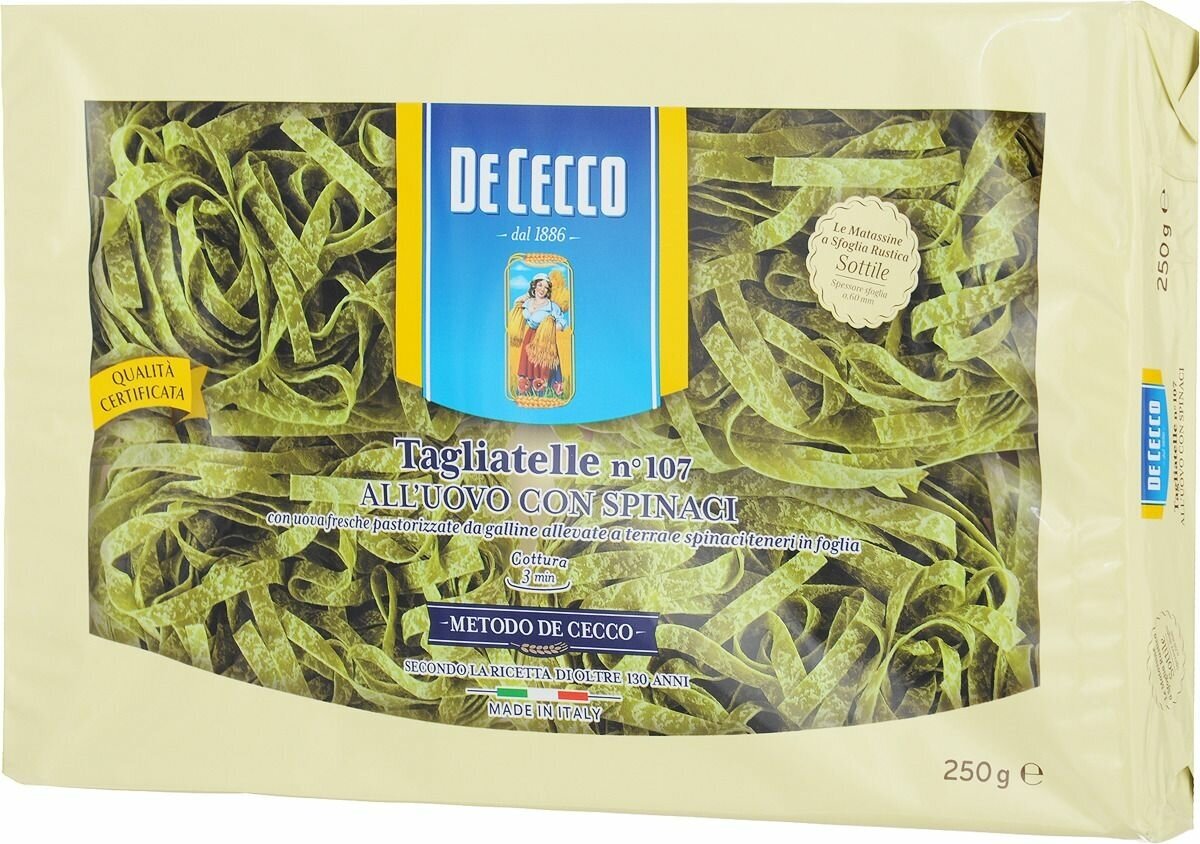 De Cecco Макароны Tagliatelle n° 107 all'uovo со шпинатом, 250 г ...