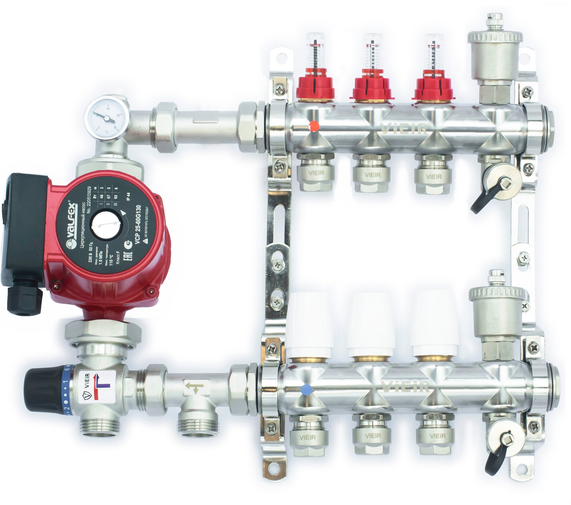 Комплект для тёплого пола на 3 контура с насосом (Коллектор VR116-06AKN на 06 контуров, Насос циркуляционный , Евроконусы, Насосно-Смесительный узел VR204A)
