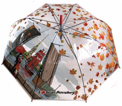 Зонт-трость полуавтомат, купол 101 см, 8 спиц, прозрачный, для женщин, оранжевый, красный