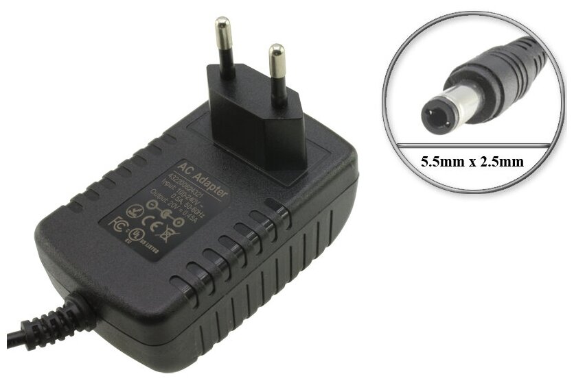 Адаптер (блок) питания 20V, 0.45A - 0.5A, 5.5mm x 2.5mm (432200624321, AC200045W), для зарядки пылесоса Philips FC6400 и др.