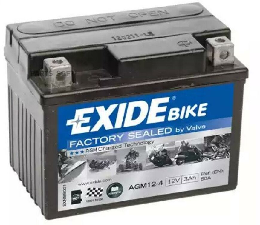 Аккумулятор moto agm ready 3ah 50a 113x70x85 полярность etn 0 токовыводы m04, exide, agm12-4