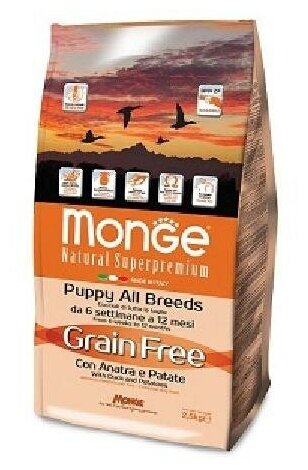 Monge Dog BWild Grain Free корм для щенков всех пород, беззерновой, утка с картофелем 2,5 кг (2 шт)