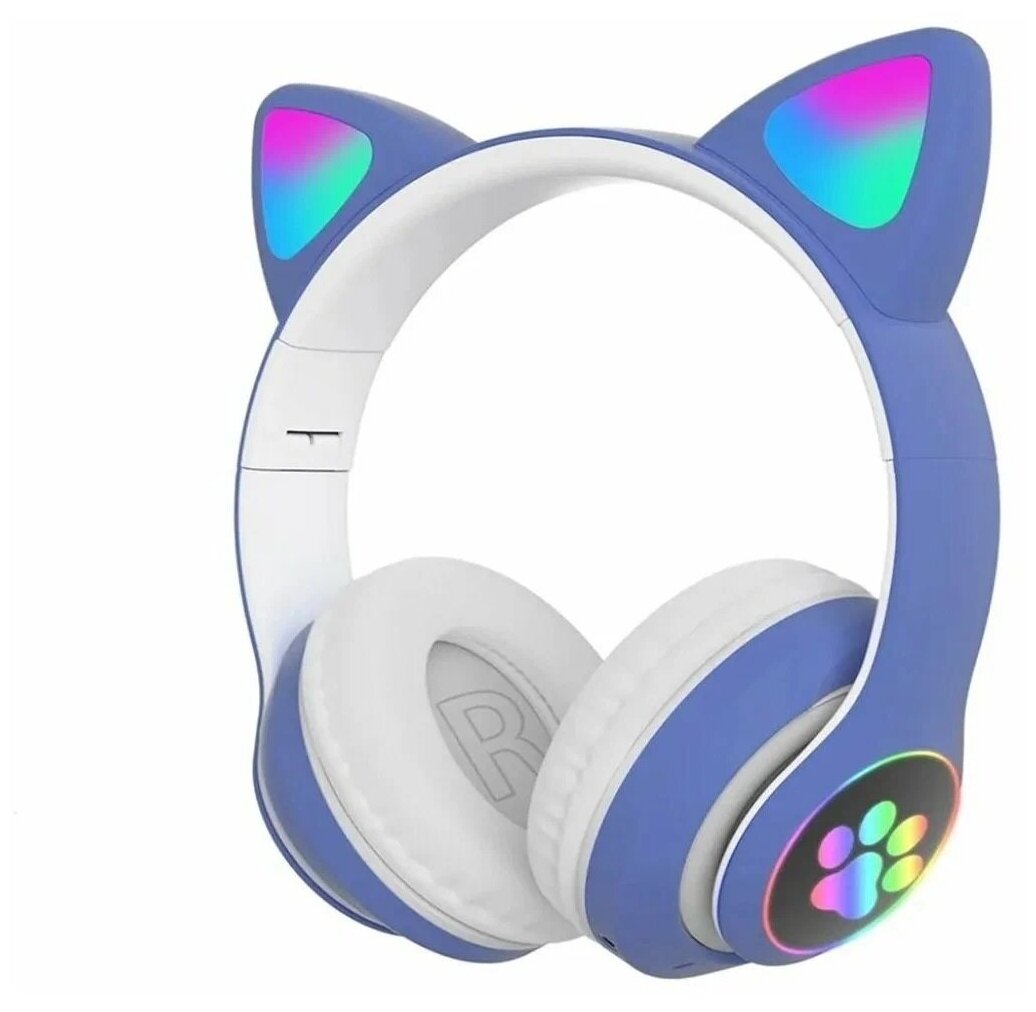 Беспроводные наушники Bluetooth CAT STN-28 со светящимися кошачьими ушками и лапками, детские (Синие)