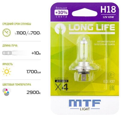 Галогенная лампа MTF light H18 12V 65W LONG LIFE x4 блистер