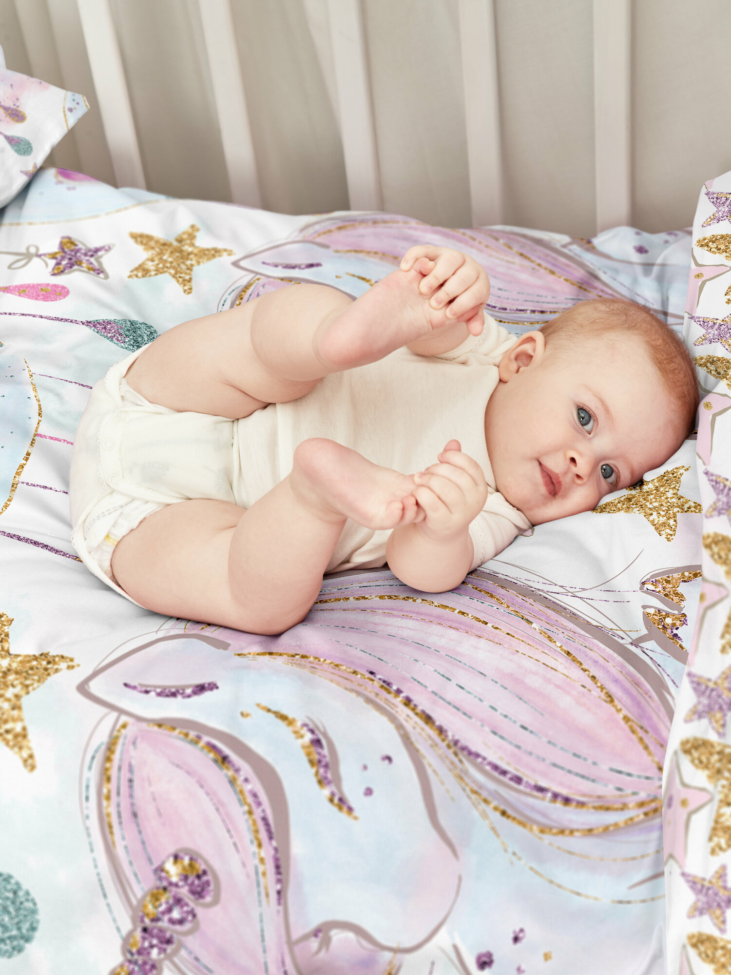 Детское постельное белье в кроватку для новорожденного Juno, поплин хлопок, 1 наволочка 40х60, постельное белье детское Unicorns / Единорожки, комплект для девочки