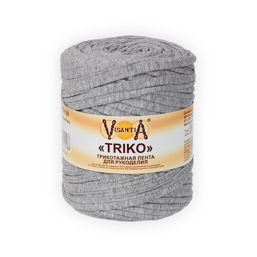 Пряжа VISANTIA "TRIKO" FTM100 Трикотажная лента для рукоделия 92% хлопок, 8% эластан 500 г 100 м серый
