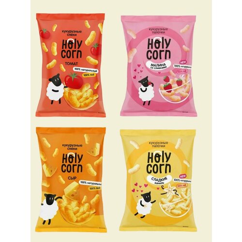 Кукурузные палочки Holy Corn малина, ваниль, томат, сыр, 50 гр - 4 шт