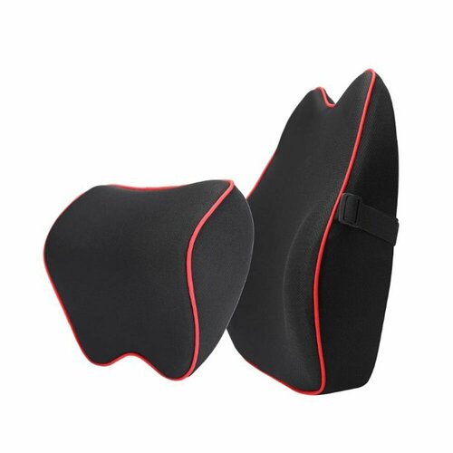 Комплект автомобильных подушек поясницаподголовник цвет черный с красной строчкой 4501₽