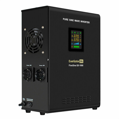 ExeGate FineSine SX-1000. LCD. AVR.2SH <1000VA/600W, чистая синусоида, цветной LCD-дисплей, AVR, 2*Schuko, линейно-интерактивный, внешняя батарея 12В до 200Ач (поставляется отдельно), Black> EX295997RUS