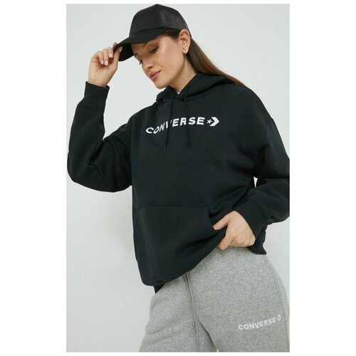 Толстовка женская Converse Strip Wordmark Oversized Fleece Hoodie 10024372001 с капюшоном черная (XL)