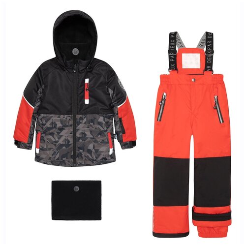 Комплект с брюками Deux Par Deux зимний, светоотражающие элементы, защита от попадания снега, подкладка, регулируемые манжеты, карман для ски-пасса, капюшон, съемный капюшон, карманы, подтяжки, усиленные колени, манжеты, размер 5 ЛЕТ, серый, красный